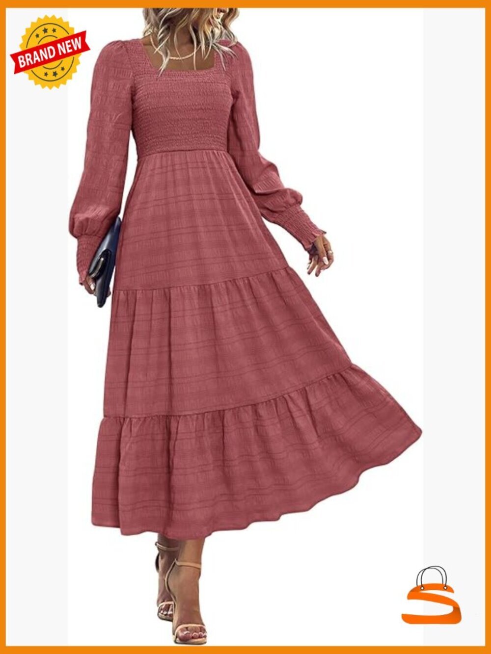 Elegant Maxi Dress with Pockets - Puff Long Sleeve - High Waist